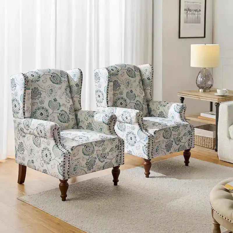 Fauteuil à oreilles traditionnel avec pieds en bois massif, lot de 2