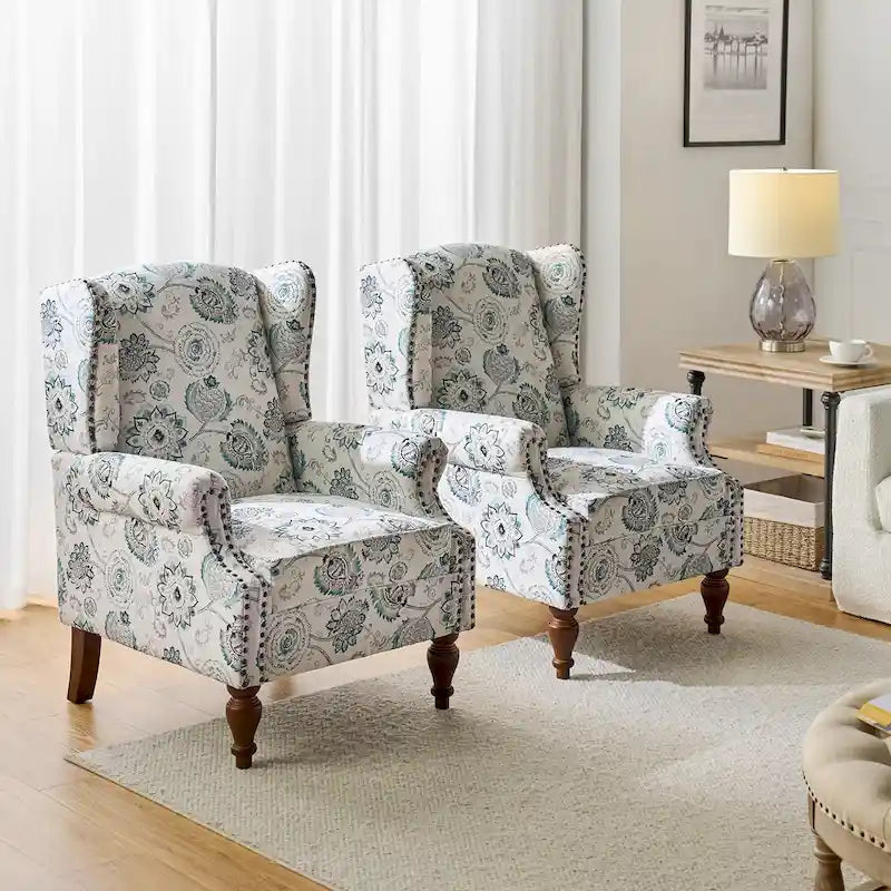 Fauteuil à oreilles traditionnel avec pieds en bois massif, lot de 2