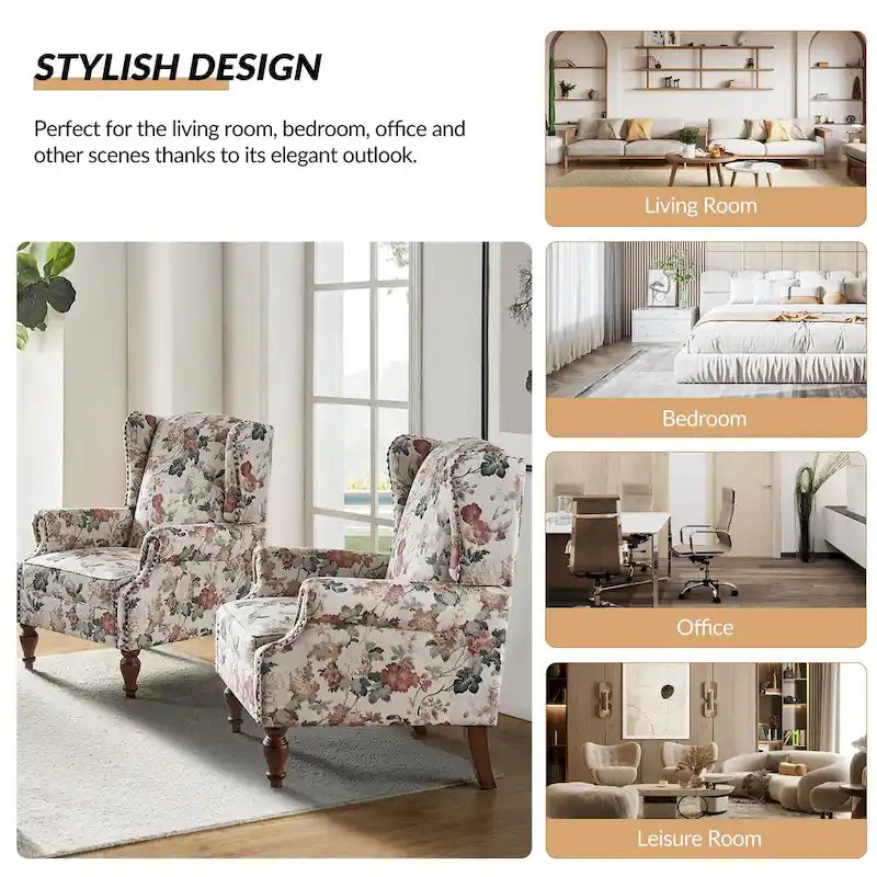 Fauteuil à oreilles traditionnel avec pieds en bois massif, lot de 2