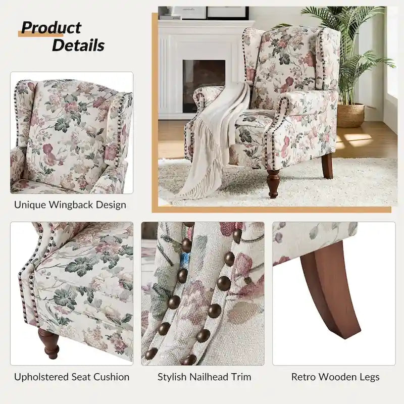 Fauteuil à oreilles traditionnel avec pieds en bois massif, lot de 2