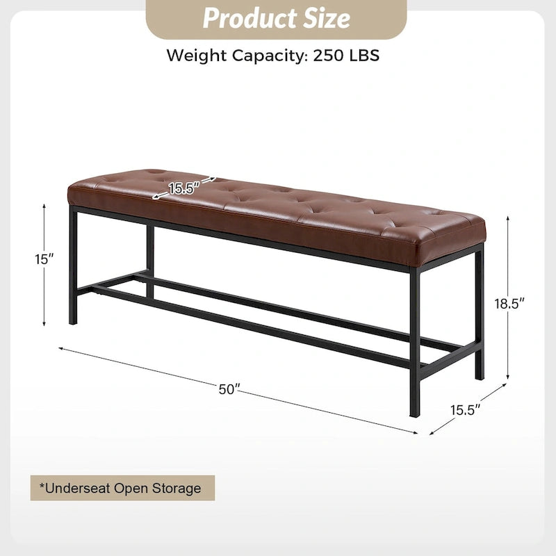 Banc contemporain rembourré de 50 pouces avec pieds en métal