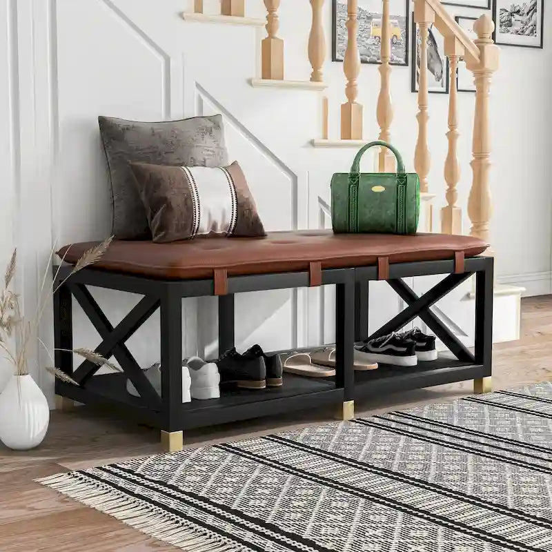 Banc de rangement en bois de transition avec coussins amovibles en similicuir par Furniture of America