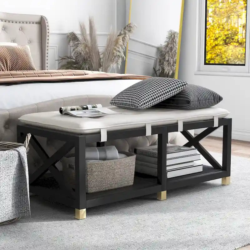 Banc de rangement en bois de transition avec coussins amovibles en similicuir par Furniture of America