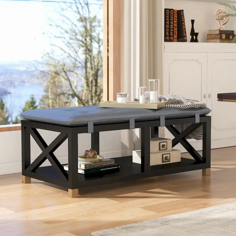 Banc de rangement en bois de transition avec coussins amovibles en similicuir par Furniture of America