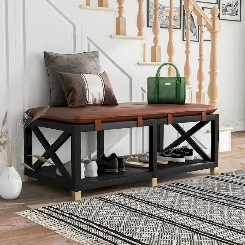 Banc de rangement en bois de transition avec coussins amovibles en similicuir par Furniture of America