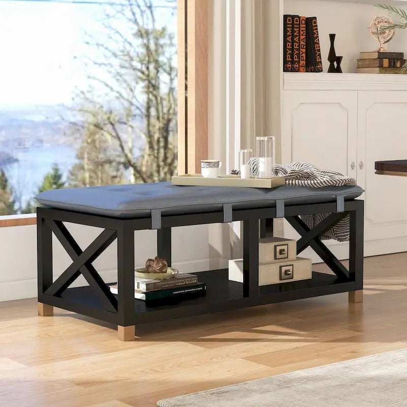 Banc de rangement en bois de transition avec coussins amovibles en similicuir par Furniture of America