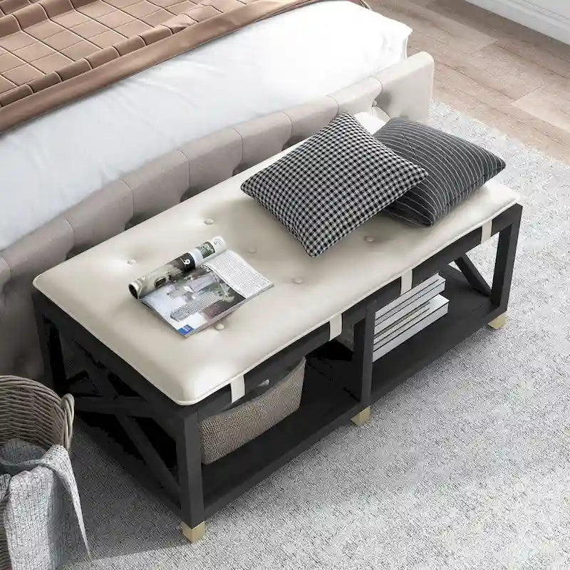 Banc de rangement en bois de transition avec coussins amovibles en similicuir par Furniture of America