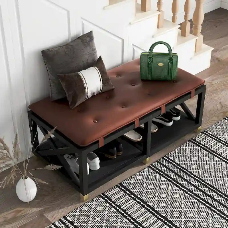 Banc de rangement en bois de transition avec coussins amovibles en similicuir par Furniture of America