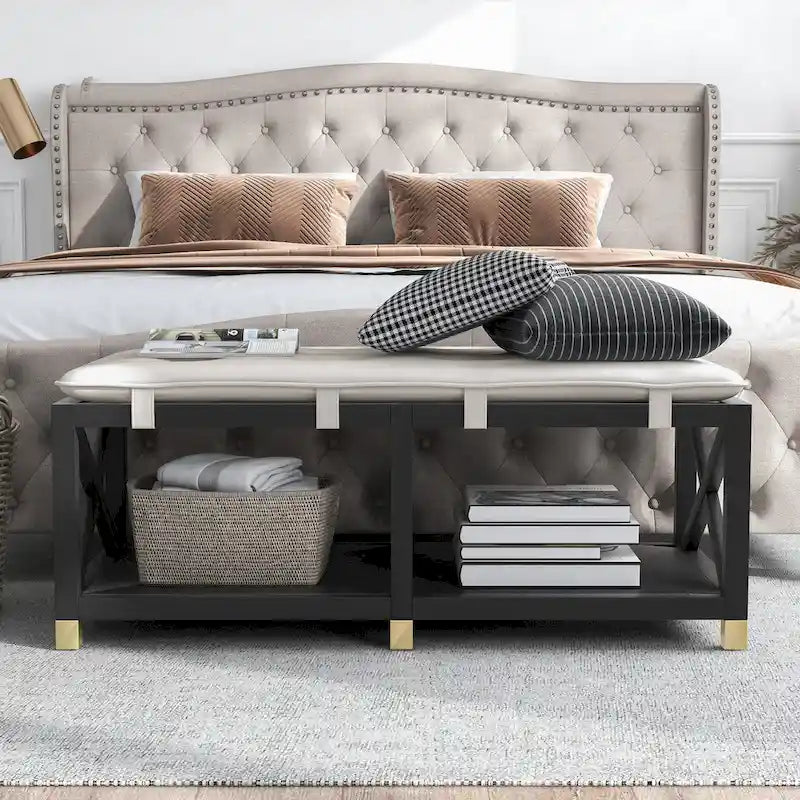 Banc de rangement en bois de transition avec coussins amovibles en similicuir par Furniture of America