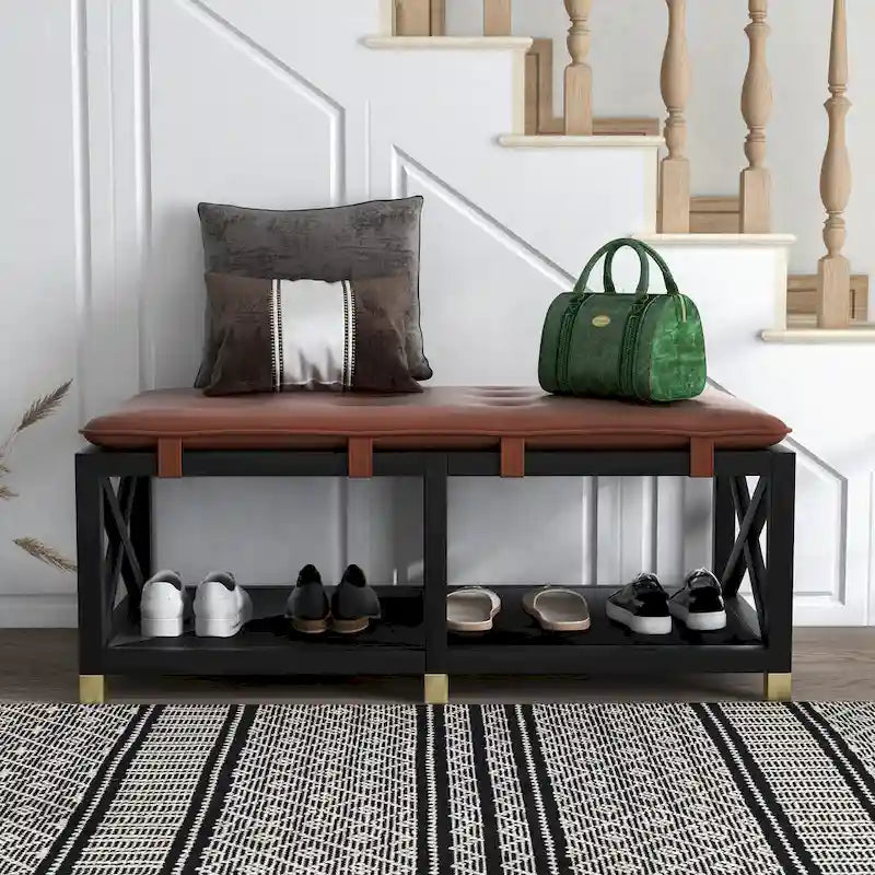 Banc de rangement en bois de transition avec coussins amovibles en similicuir par Furniture of America