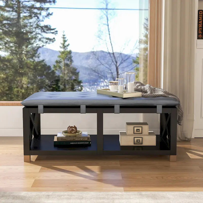 Banc de rangement en bois de transition avec coussins amovibles en similicuir par Furniture of America