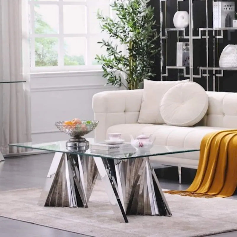 Modern Coffee Table Clear Tempered Glass Living Room Coffee Table with Geometric Base