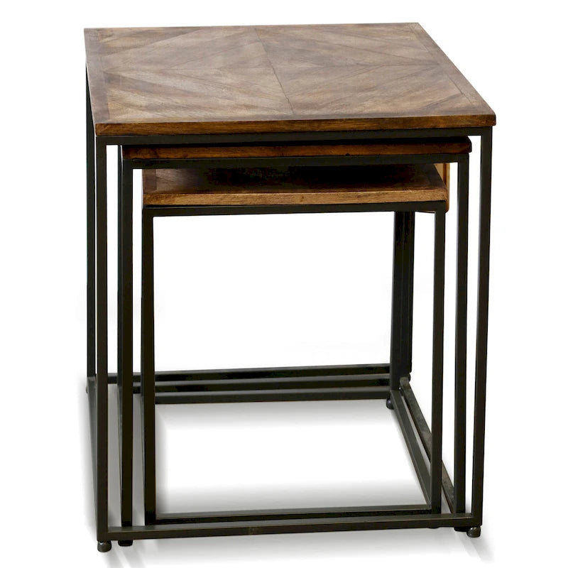 Logan - Ensemble de trois tables gigognes - Plateau en bois foncé - Piétement en fer noir