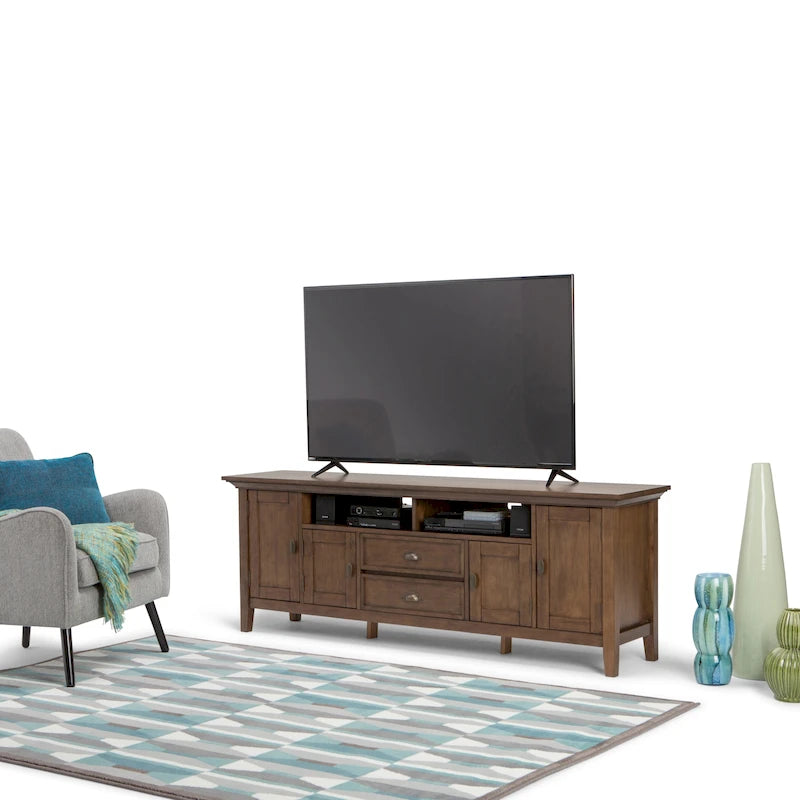 Meuble TV média transitionnel en bois massif de 72 pouces de large pour téléviseurs jusqu'à 80 pouces - 72 L x 16,5 P x 26 H