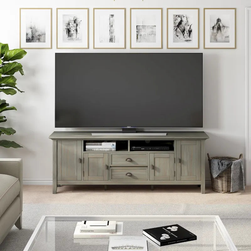 Meuble TV média transitionnel en bois massif de 72 pouces de large pour téléviseurs jusqu'à 80 pouces - 72 L x 16,5 P x 26 H