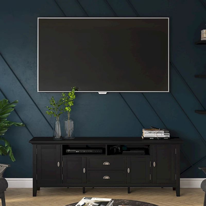 Meuble TV média transitionnel en bois massif de 72 pouces de large pour téléviseurs jusqu'à 80 pouces - 72 L x 16,5 P x 26 H