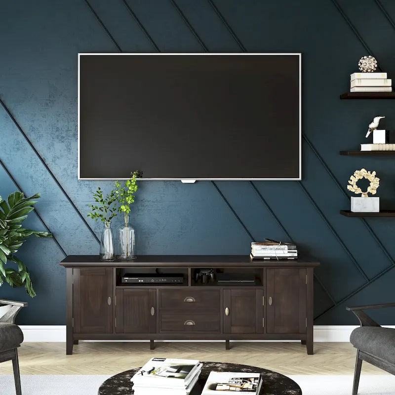 Meuble TV média transitionnel en bois massif de 72 pouces de large pour téléviseurs jusqu'à 80 pouces - 72 L x 16,5 P x 26 H
