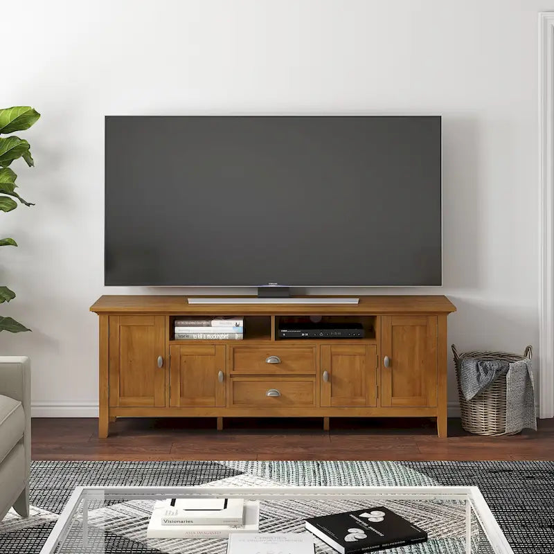 Meuble TV média transitionnel en bois massif de 72 pouces de large pour téléviseurs jusqu'à 80 pouces - 72 L x 16,5 P x 26 H