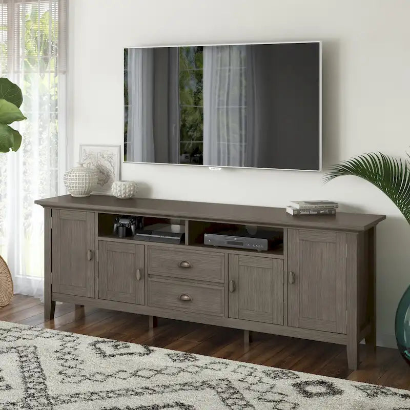 Meuble TV média transitionnel en bois massif de 72 pouces de large pour téléviseurs jusqu'à 80 pouces - 72 L x 16,5 P x 26 H