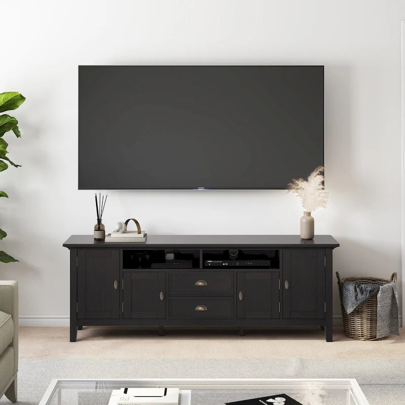 Meuble TV média transitionnel en bois massif de 72 pouces de large pour téléviseurs jusqu'à 80 pouces - 72 L x 16,5 P x 26 H
