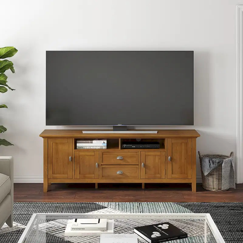 Meuble TV média transitionnel en bois massif de 72 pouces de large pour téléviseurs jusqu'à 80 pouces - 72 L x 16,5 P x 26 H