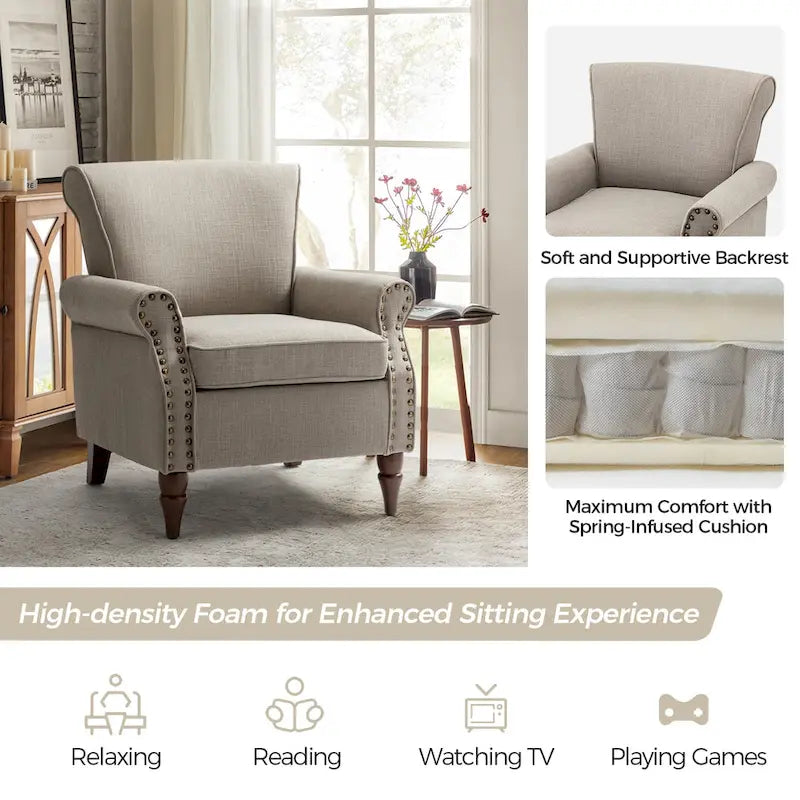 Lot de 2 fauteuils d'appoint confortables rembourrés avec pieds en bois tourné et garniture cloutée