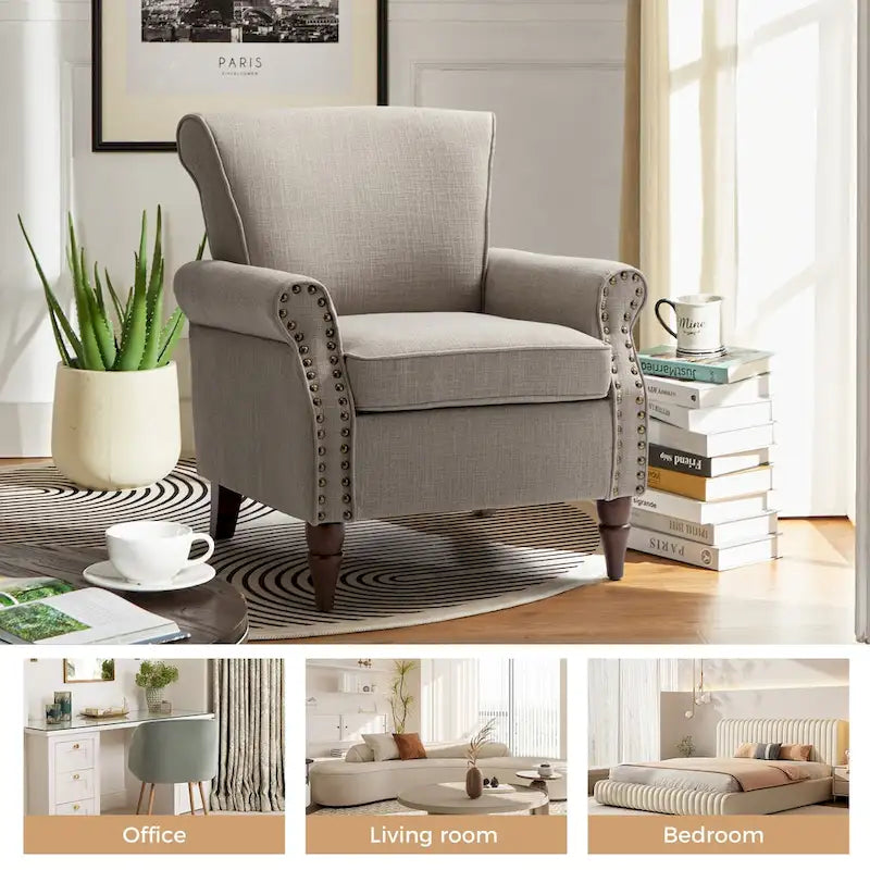 Lot de 2 fauteuils d'appoint confortables rembourrés avec pieds en bois tourné et garniture cloutée