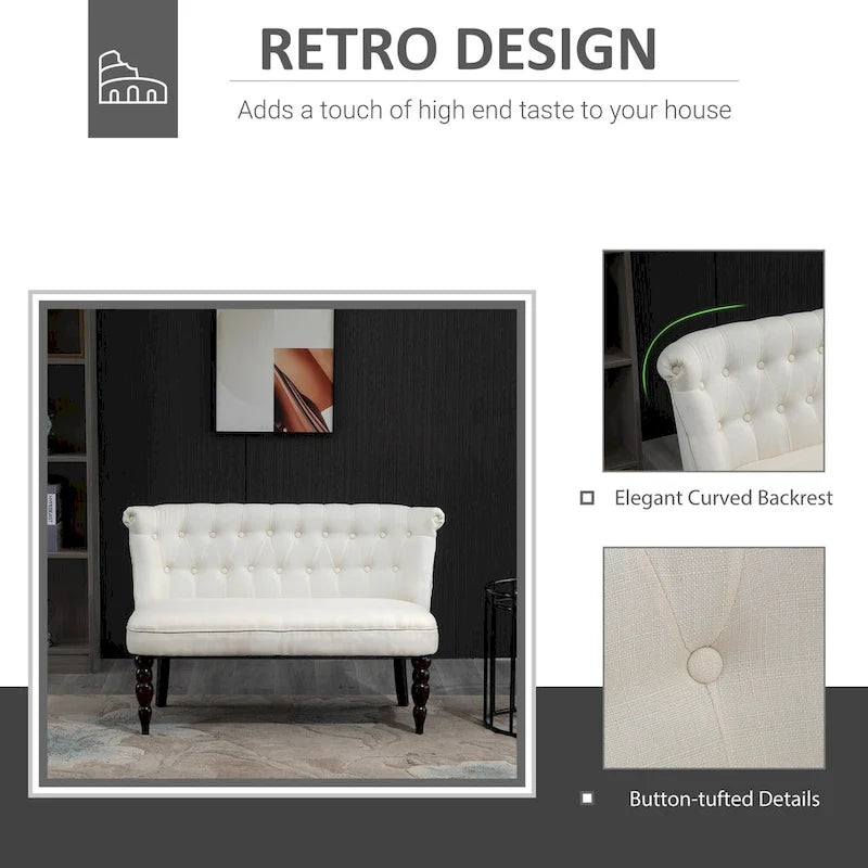 Petite banquette sans accoudoirs en tissu rembourré avec capitonnage, pour salon, avec pieds en bois, blanc crème