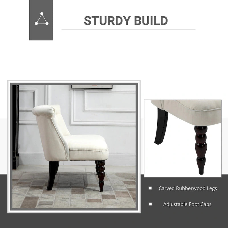 Petite banquette sans accoudoirs en tissu rembourré avec capitonnage, pour salon, avec pieds en bois, blanc crème