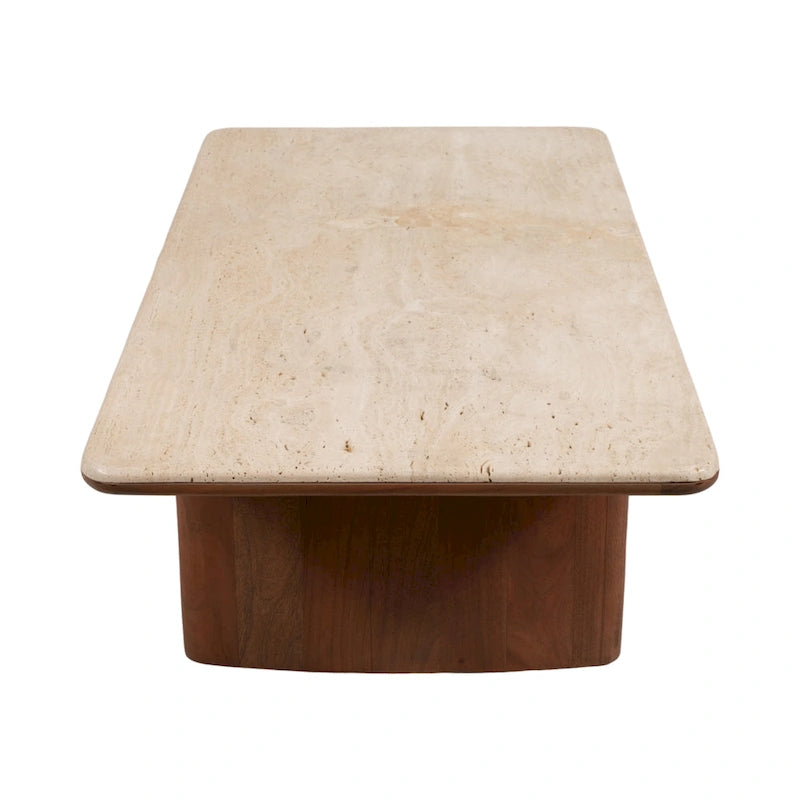 Table basse élégante en acacia et travertin pour un intérieur moderne