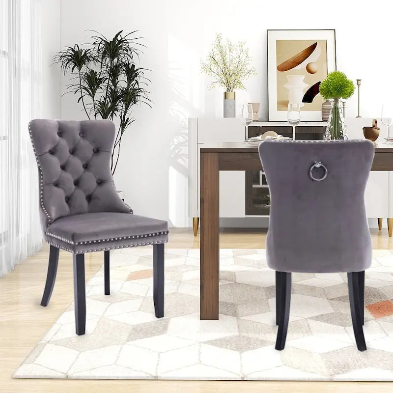 Lot de 2 chaises de salle à manger en velours, chaises d'appoint sans accoudoirs en bois massif touffeté avec garniture cloutée et anneau de dossier - N/A