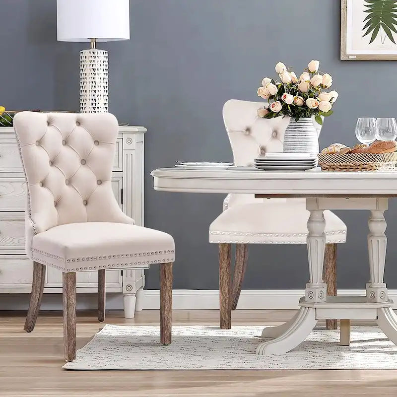 Lot de 2 chaises de salle à manger en velours, chaises d'appoint sans accoudoirs en bois massif touffeté avec garniture cloutée et anneau de dossier - N/A