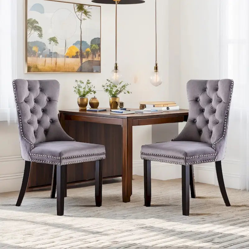 Lot de 2 chaises de salle à manger en velours, chaises d'appoint sans accoudoirs en bois massif touffeté avec garniture cloutée et anneau de dossier - N/A