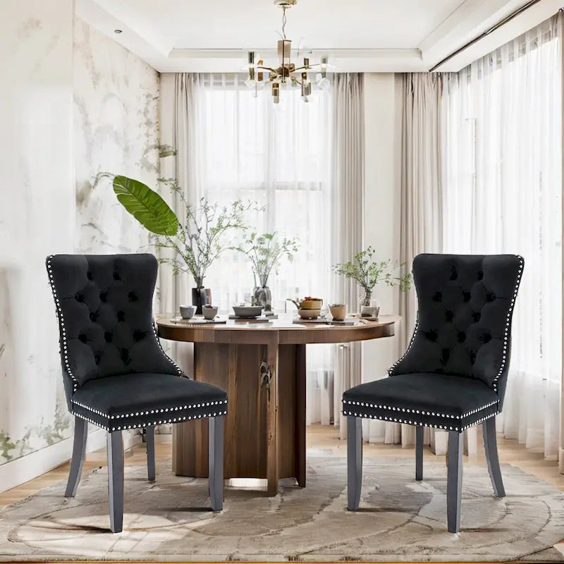 Lot de 2 chaises de salle à manger en velours, chaises d'appoint sans accoudoirs en bois massif touffeté avec garniture cloutée et anneau de dossier - N/A