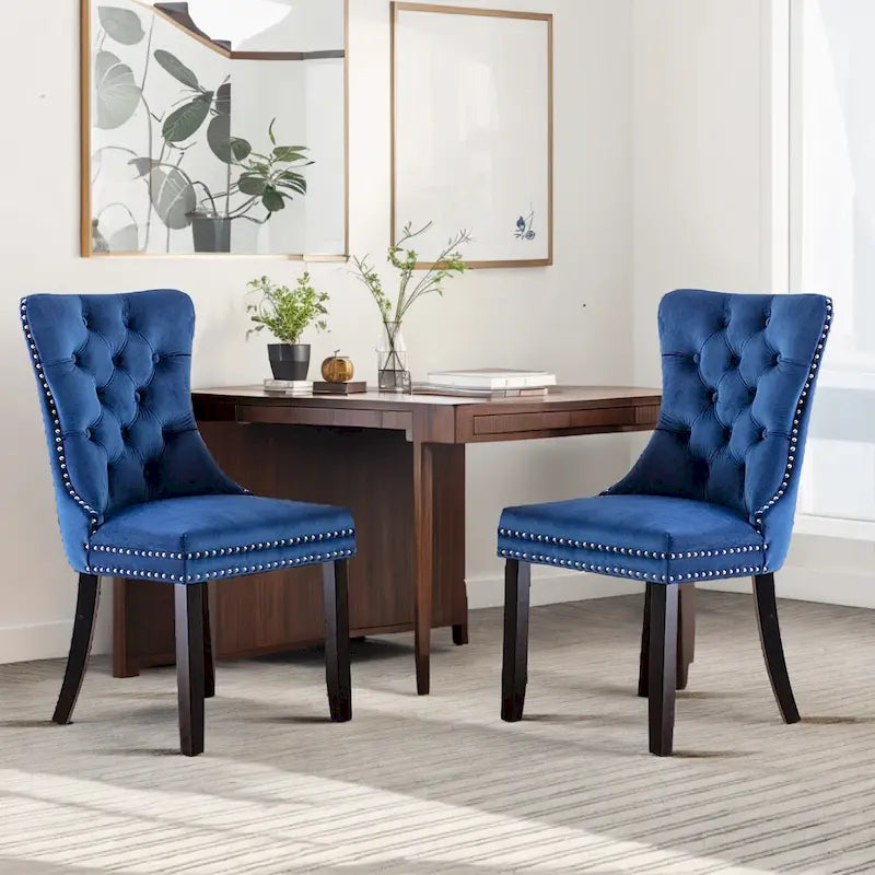 Lot de 2 chaises de salle à manger en velours, chaises d'appoint sans accoudoirs en bois massif touffeté avec garniture cloutée et anneau de dossier - N/A