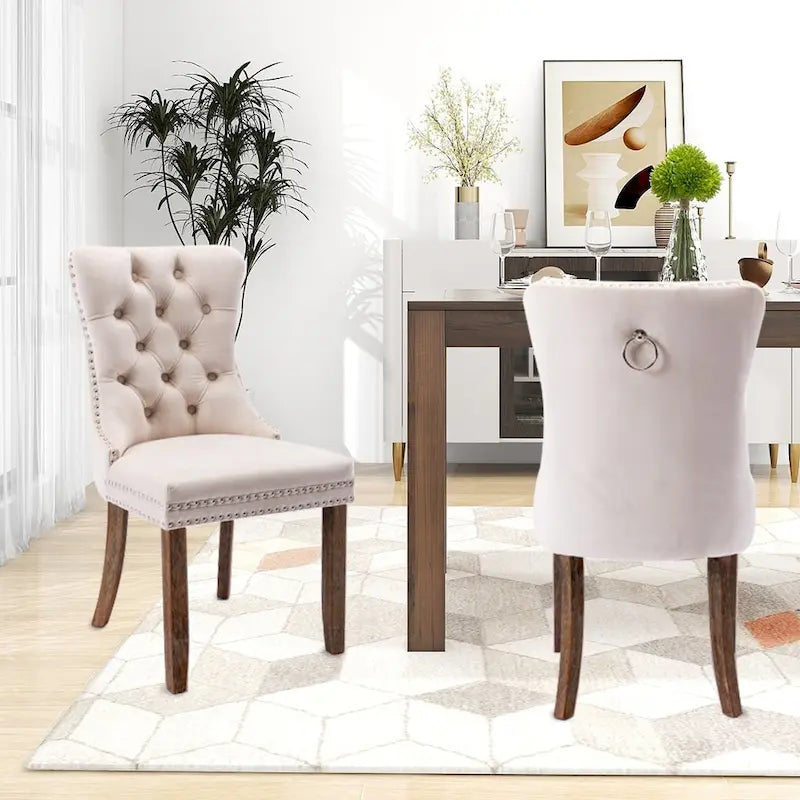 Lot de 2 chaises de salle à manger en velours, chaises d'appoint sans accoudoirs en bois massif touffeté avec garniture cloutée et anneau de dossier - N/A