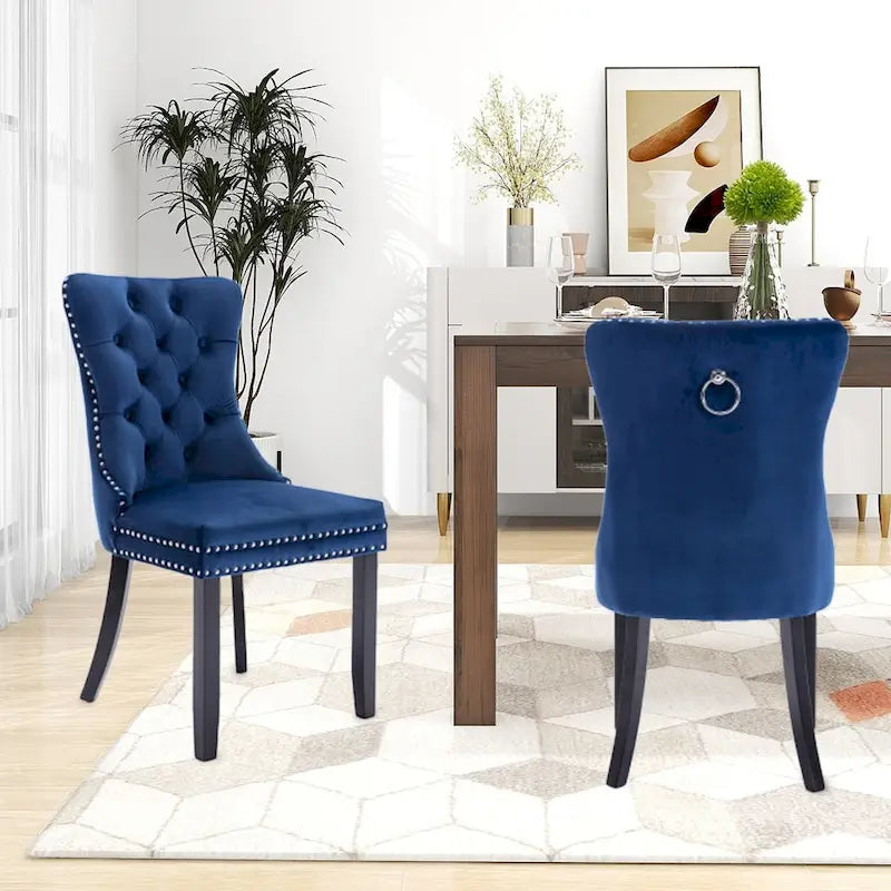 Lot de 2 chaises de salle à manger en velours, chaises d'appoint sans accoudoirs en bois massif touffeté avec garniture cloutée et anneau de dossier - N/A