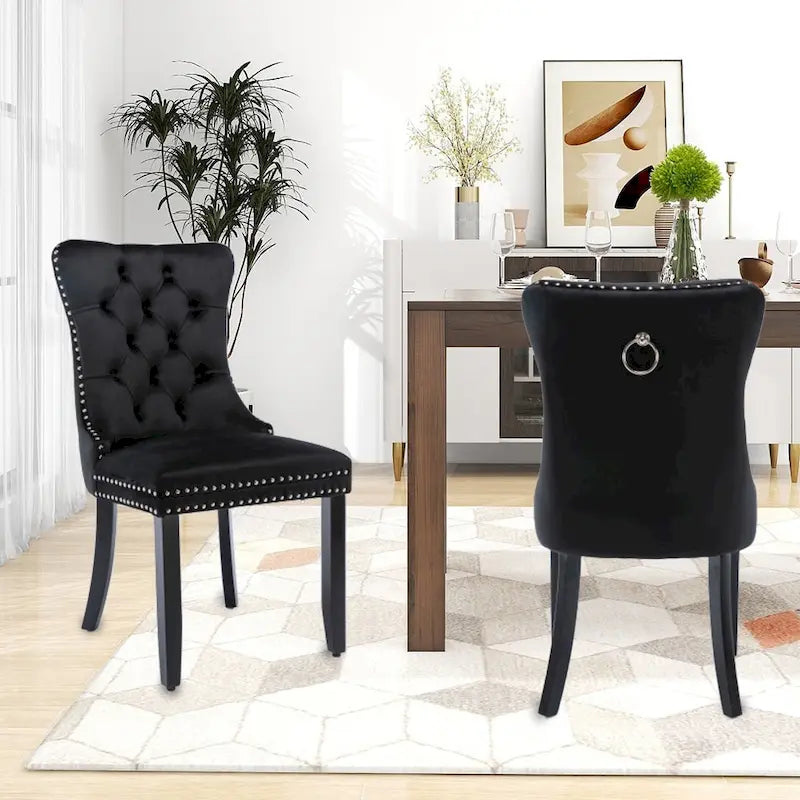 Lot de 2 chaises de salle à manger en velours, chaises d'appoint sans accoudoirs en bois massif touffeté avec garniture cloutée et anneau de dossier - N/A