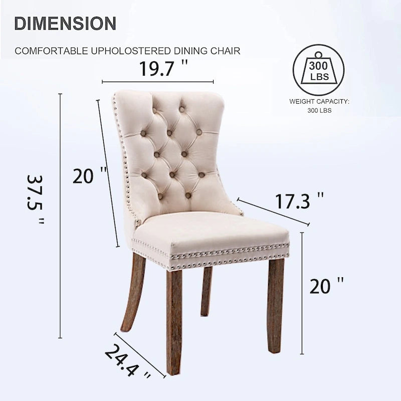 Lot de 2 chaises de salle à manger en velours, chaises d'appoint sans accoudoirs en bois massif touffeté avec garniture cloutée et anneau de dossier - N/A