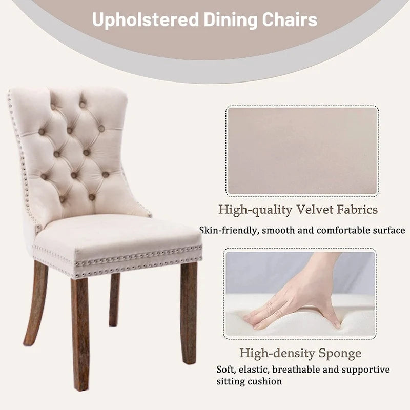 Lot de 2 chaises de salle à manger en velours, chaises d'appoint sans accoudoirs en bois massif touffeté avec garniture cloutée et anneau de dossier - N/A
