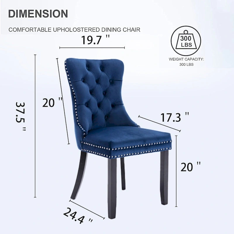 Lot de 2 chaises de salle à manger en velours, chaises d'appoint sans accoudoirs en bois massif touffeté avec garniture cloutée et anneau de dossier - N/A