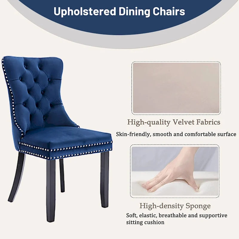 Lot de 2 chaises de salle à manger en velours, chaises d'appoint sans accoudoirs en bois massif touffeté avec garniture cloutée et anneau de dossier - N/A