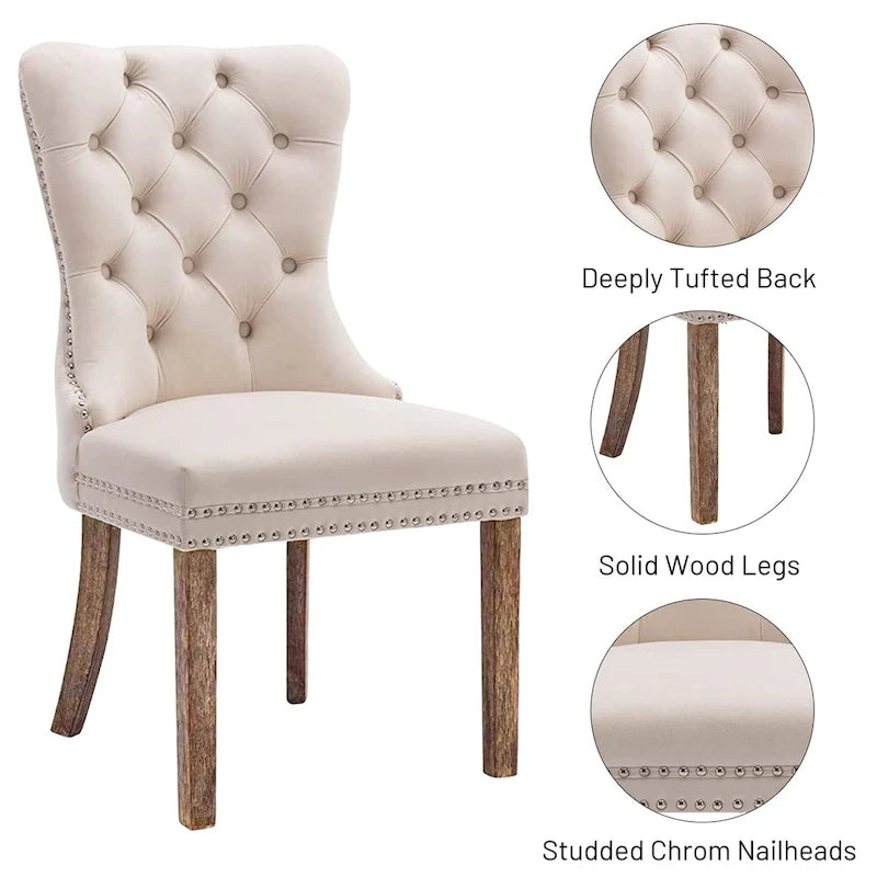 Lot de 2 chaises de salle à manger en velours, chaises d'appoint sans accoudoirs en bois massif touffeté avec garniture cloutée et anneau de dossier - N/A