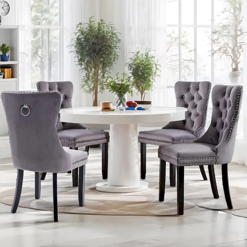 Lot de 2 chaises de salle à manger en velours, chaises d'appoint sans accoudoirs en bois massif touffeté avec garniture cloutée et anneau de dossier - N/A