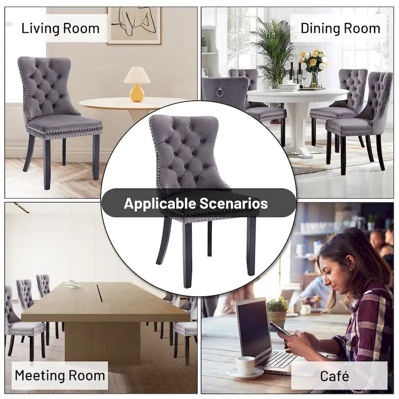 Lot de 2 chaises de salle à manger en velours, chaises d'appoint sans accoudoirs en bois massif touffeté avec garniture cloutée et anneau de dossier - N/A
