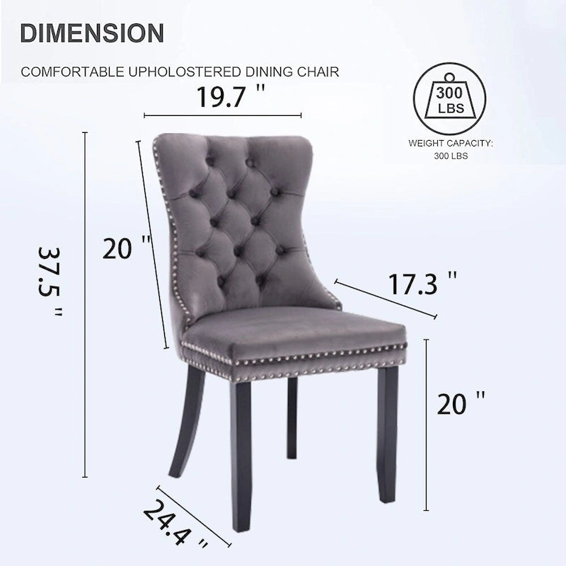 Lot de 2 chaises de salle à manger en velours, chaises d'appoint sans accoudoirs en bois massif touffeté avec garniture cloutée et anneau de dossier - N/A