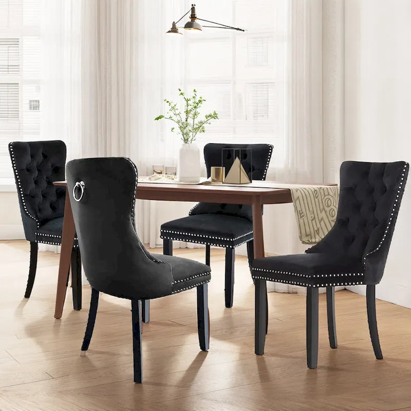 Lot de 2 chaises de salle à manger en velours, chaises d'appoint sans accoudoirs en bois massif touffeté avec garniture cloutée et anneau de dossier - N/A