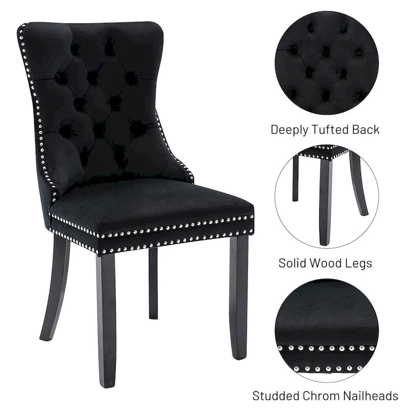 Lot de 2 chaises de salle à manger en velours, chaises d'appoint sans accoudoirs en bois massif touffeté avec garniture cloutée et anneau de dossier - N/A