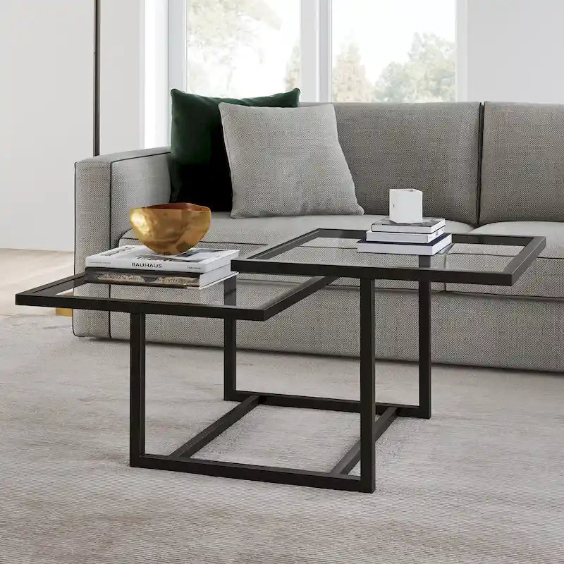 Table basse à deux plateaux en verre trempé avec piètement métallique géométrique