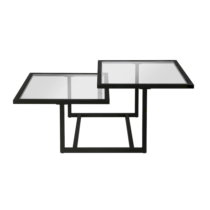 Table basse à deux plateaux en verre trempé avec piètement métallique géométrique